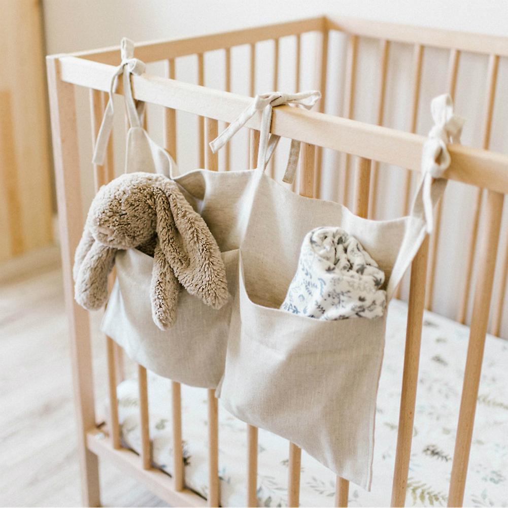 Crib Storage Hanging Bag Linen Double Pocket Storage Bag Multifunctional Diaper Bag Toy Storage Bag Light Pink