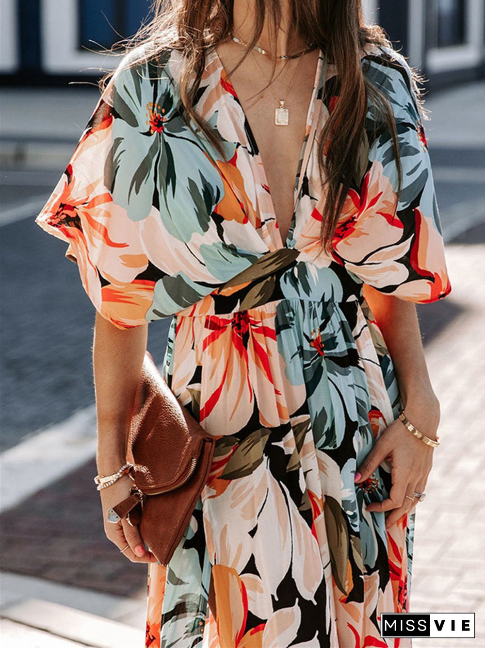 Sexy Commuter V-neck Fashion Print Split Dress