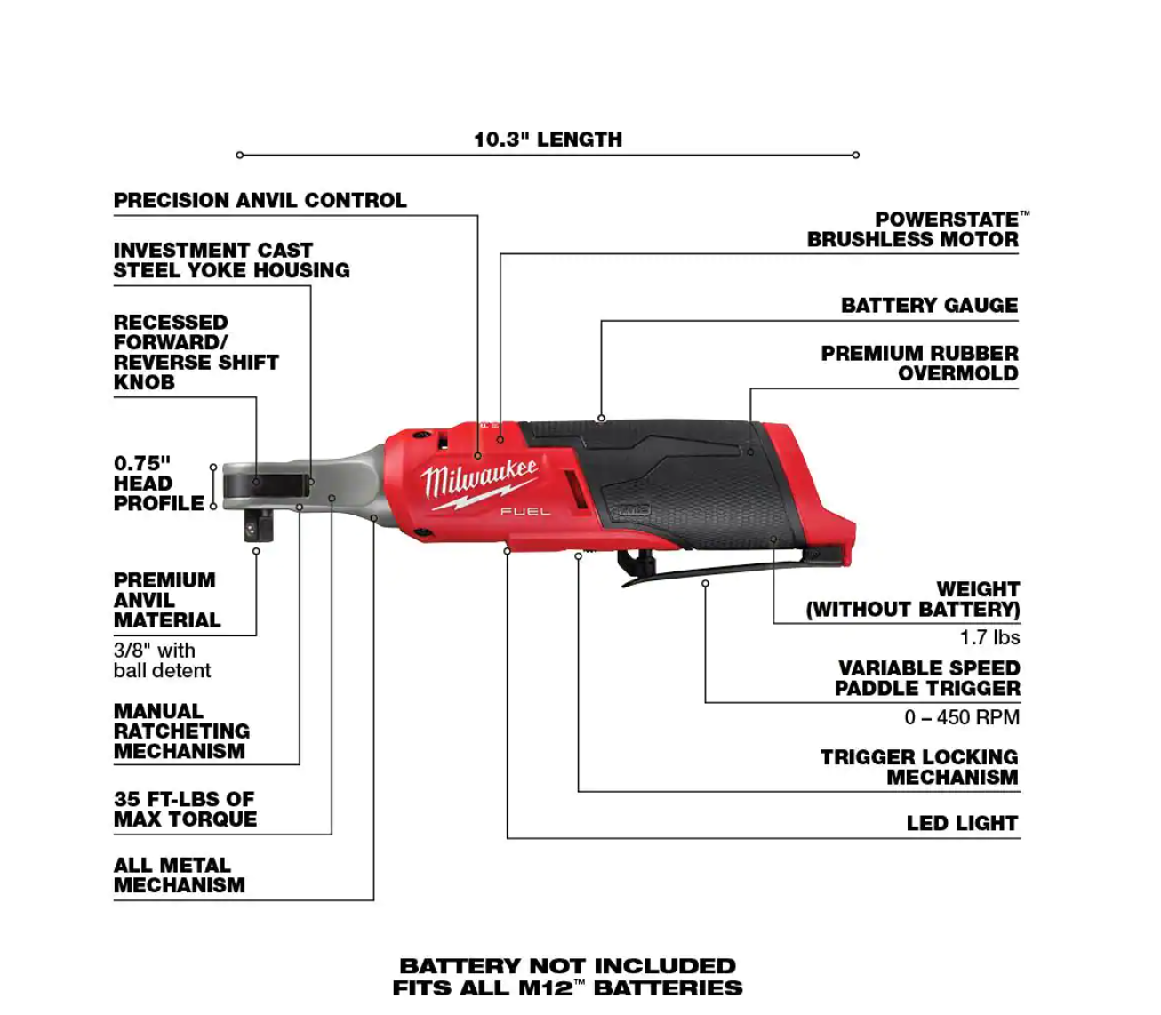 Milwaukee 2554-20-2564-20-2567-20 M12 FUEL 12V Li-Ion Brushless Cordless Stubby 3/8 in. Impact Wrench w/Right Angle Impact Wrench and High Speed Ratchet