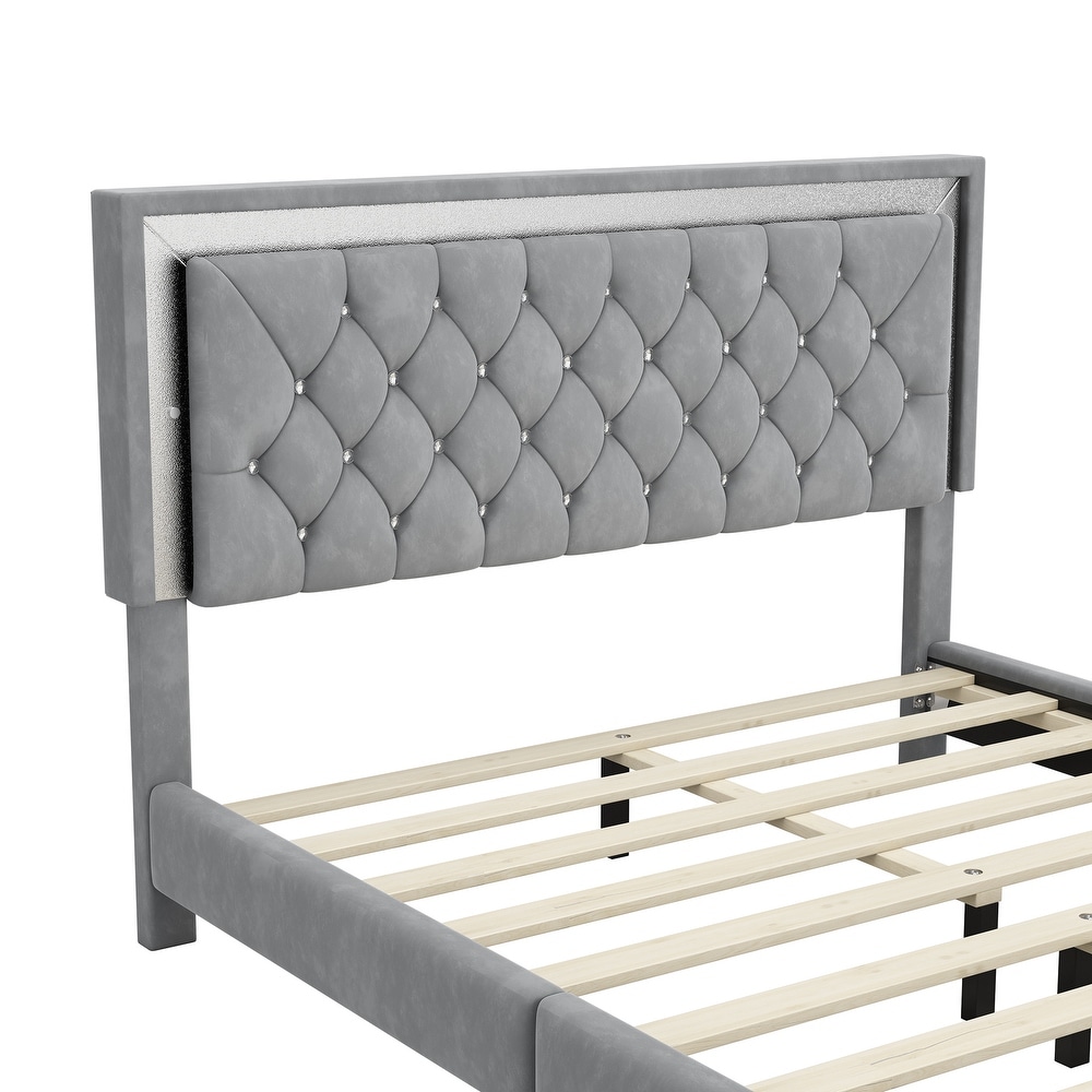 Queen Size Velvet Platform Bed with Crystal Tufted Headboard