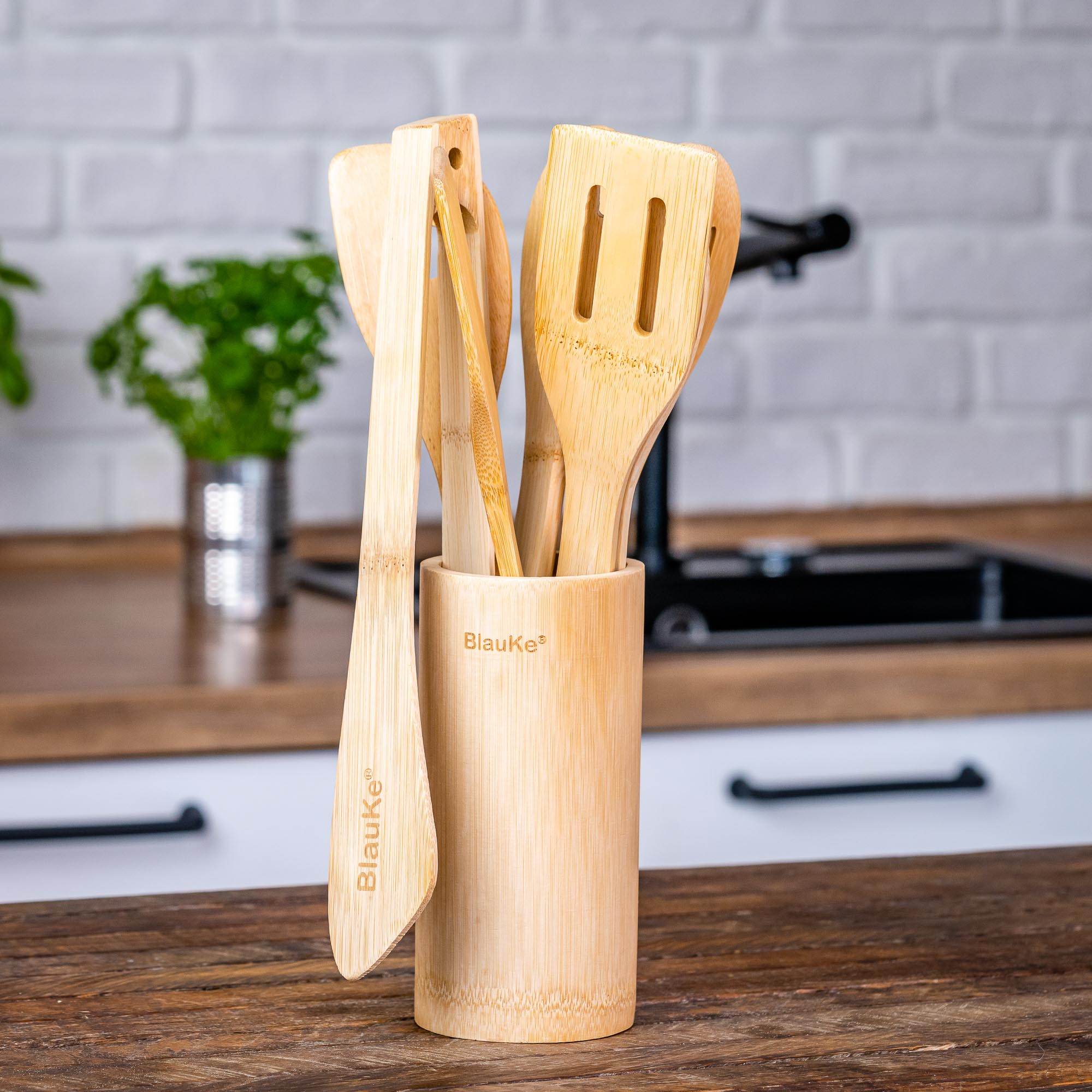 BlauKe® Wooden Spoons for Cooking 8-Pack – Bamboo Kitchen Utensils Set – Nonstick Wooden Cooking Utensils – Wood Spatula Spoon Tongs Utensil Holder