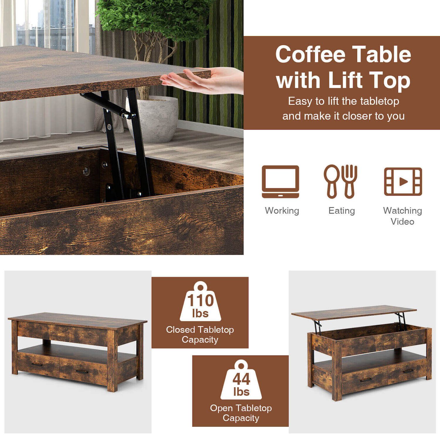 Lift Top Coffee Table with 2 Storage Drawers and Hidden Compartment-Rustic Brown