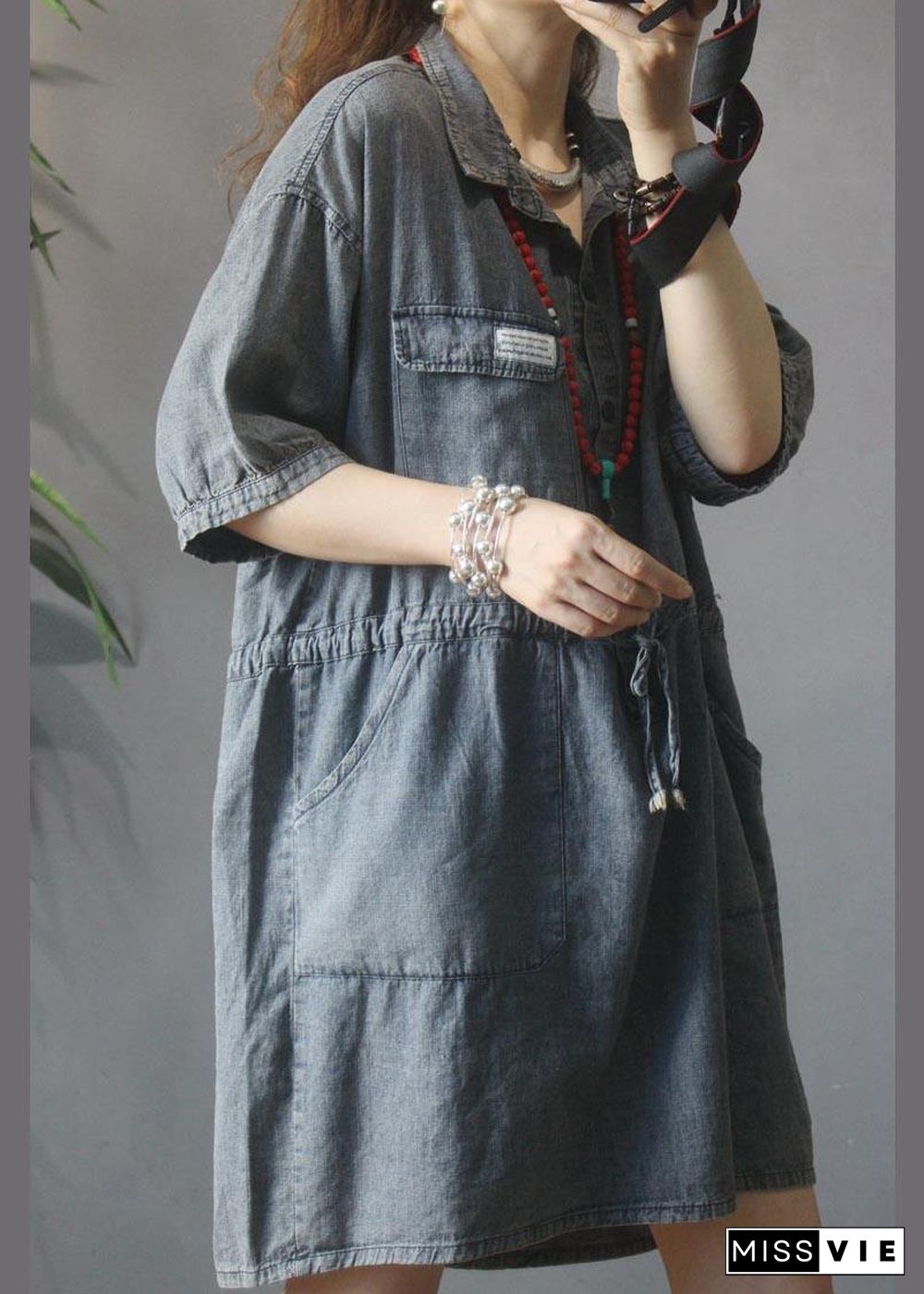 Elegant Denim tie waist Turn-down Collar Maxi Summer Cotton Dress