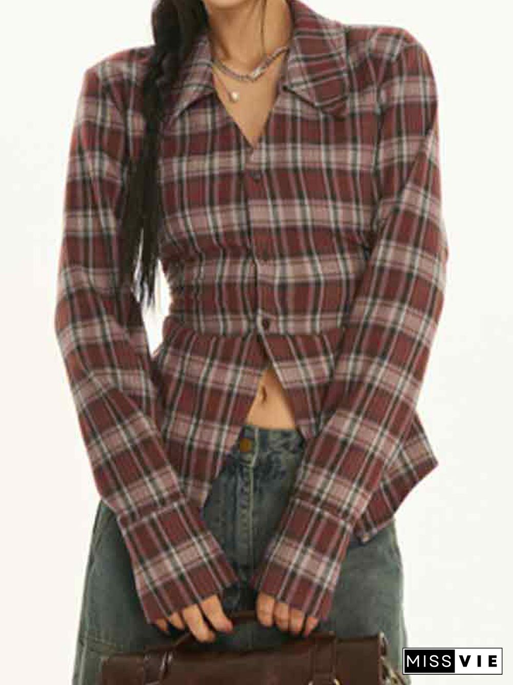 Vintage Plaid Pleated Lapel Neck Long Sleeve Shirt