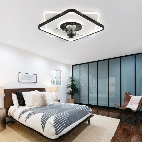 Oaks Aura 20in. Square Low Profile Ceiling Fan with Light， Flush Mount Remote Control Ceiling Fan for Bedroom - Black Shopping - The Best Deals on Ceiling Fans | 41068442