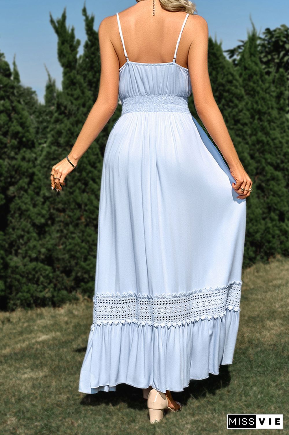 Plain V Neck High Waist Lace Tape Splicing Hem Maxi Dress