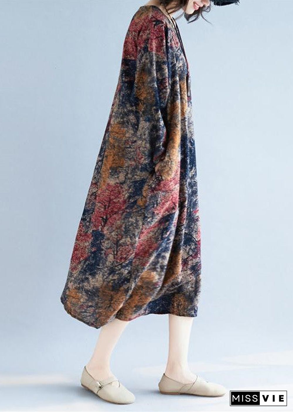 Loose floral cotton linen Long dress plus size design pockets long Dresses