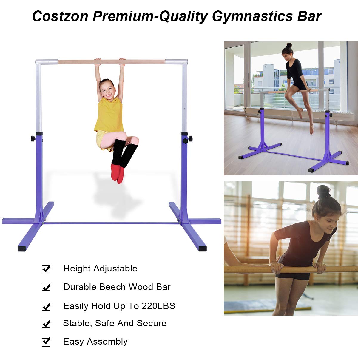 Costzon Junior Training Bar with 4 ft Gymnastics Mat, 3' to 5' Height Adjustable 1-4 Levels Exercise Kip Bar w/Double Locking Mechanism