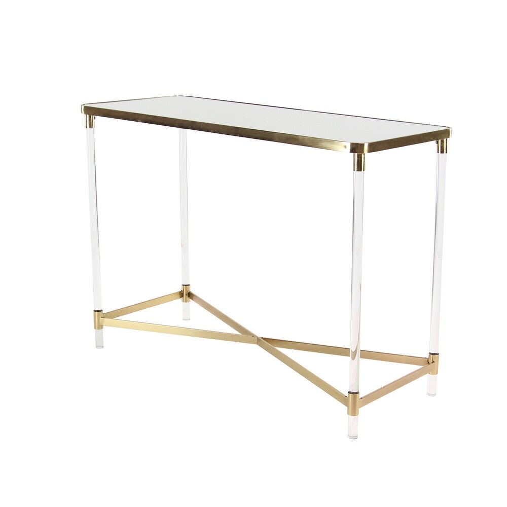 Gold Metal Contemporary Console Table with Mirrored Top and Acrylic Legs