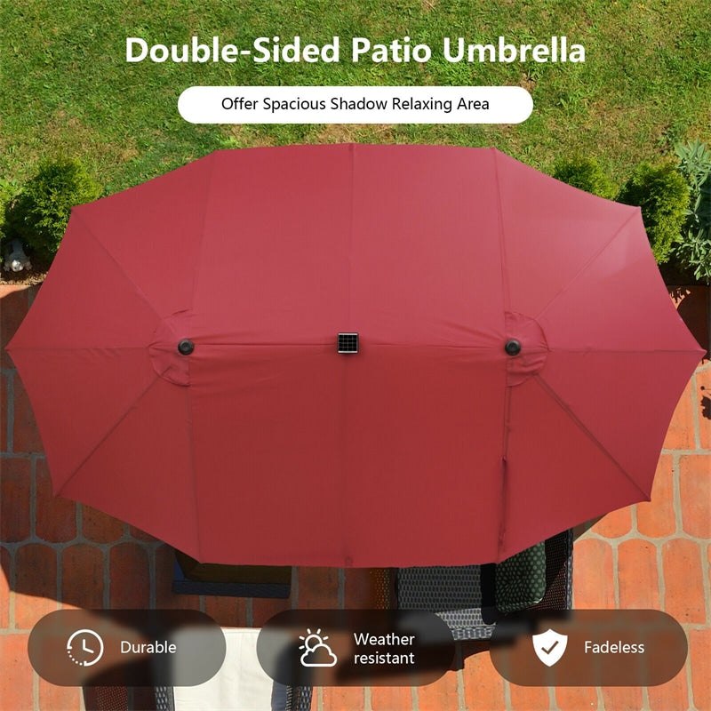 15 FT Large Outdoor Patio Table Umbrella with 48 Solar LED Lights & Crank, Double-Sided Metal Deck Pool Umbrella