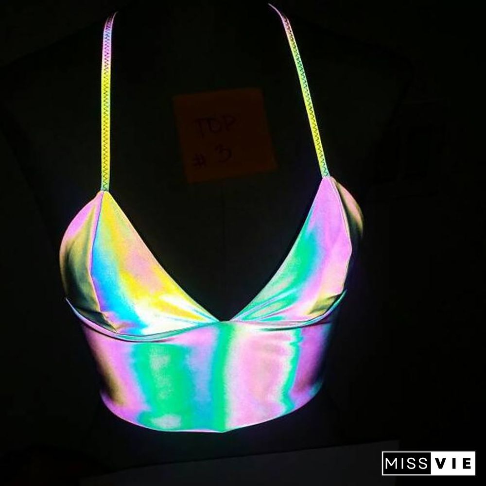 Women V Neck Sexy Holographic Bralette Crop Top Reflective Strap Fashion Camis Hot Summer Sleeveless Backless Tank Tops