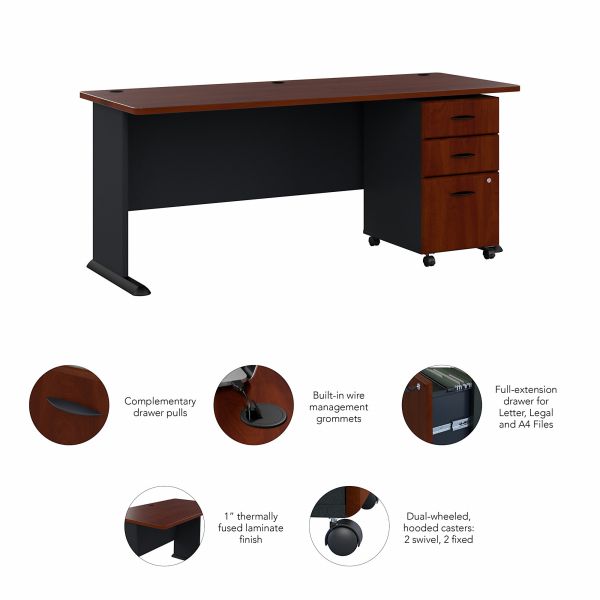 Bush Business Furniture Series A 72W Desk with Mobile File Cabinet in Hansen Cherry and Galaxy