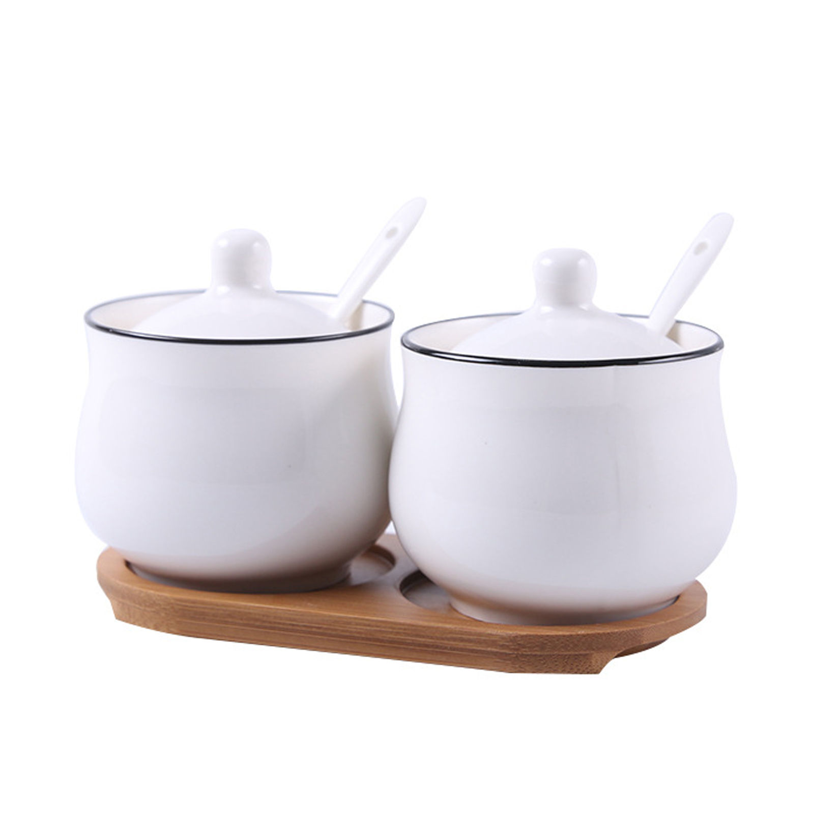 Ceramic Sugar Bowl With Lid And Spoon， White Farmhouse Sugar Pot Salt Bowl Seasoning Box ， Ceramic Spice Box With Spoon And Base-set of 2-1