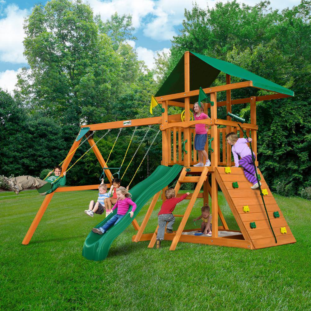 Gorilla Playsets DYI Outing III Wooden Outdoor Playset with Tarp Roof Rock Wall Wave Slide Swings and Backyard Swing Set Accessories 01-0001