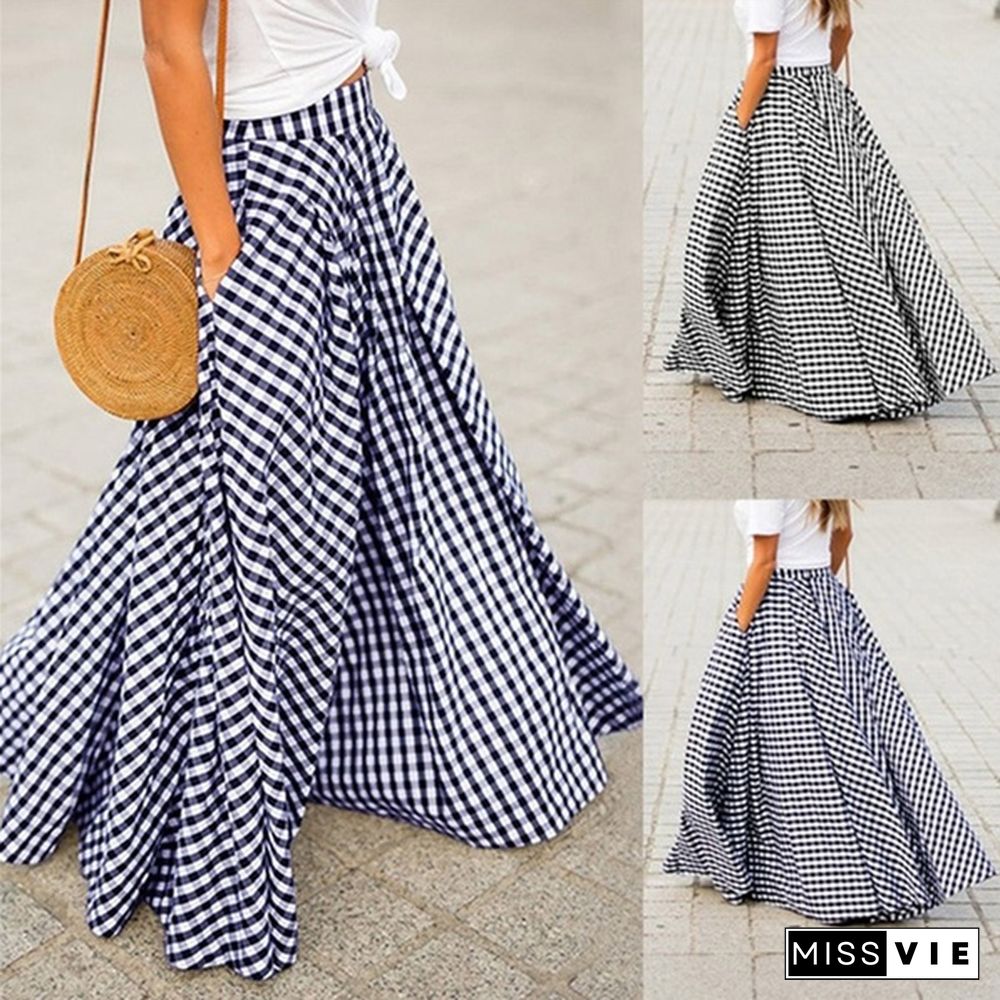 Summer Women's Fashion Casual Elastic Waist Plaid Skirt