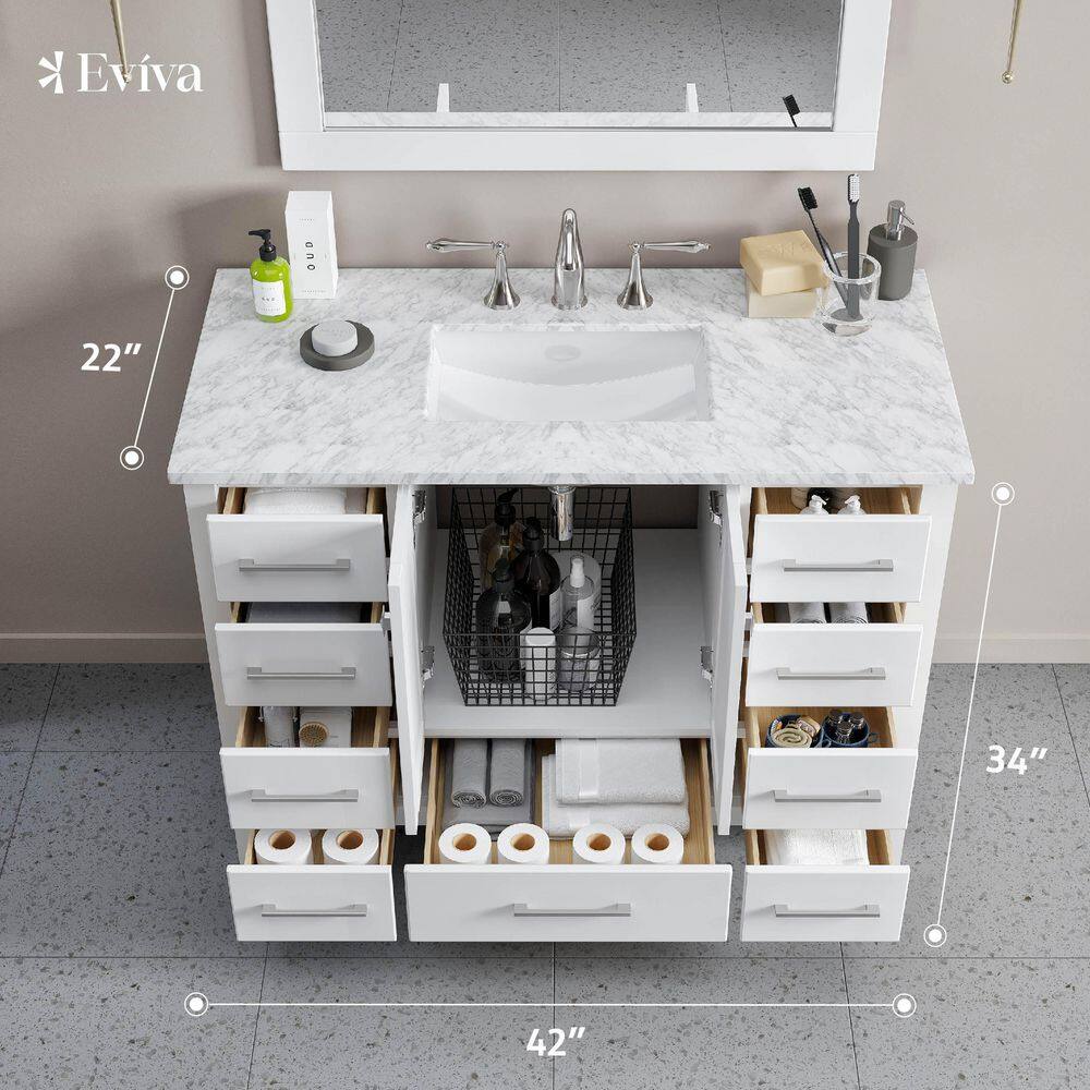 Eviva Aberdeen 42 in. W x 22 in. D x 34 in. H Bath Vanity in White with White Carrara Marble Top with White Sink EVVN412-42WH