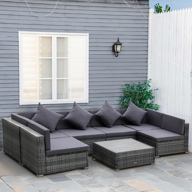 Outsunny 7 piece Outdoor Wicker Sofa Set Pe Rattan Sectional Furniture Patio Couch W Acacia Top Coffee Table amp Cushion For Garden Backyard