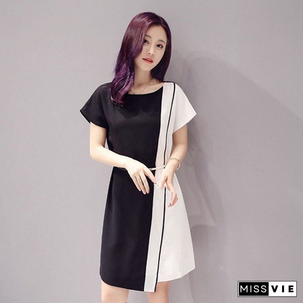 Summer Women Fashion Chiffon Casual Mini Dress Black White Short Sleeve O-Neck Tshirt Dresses