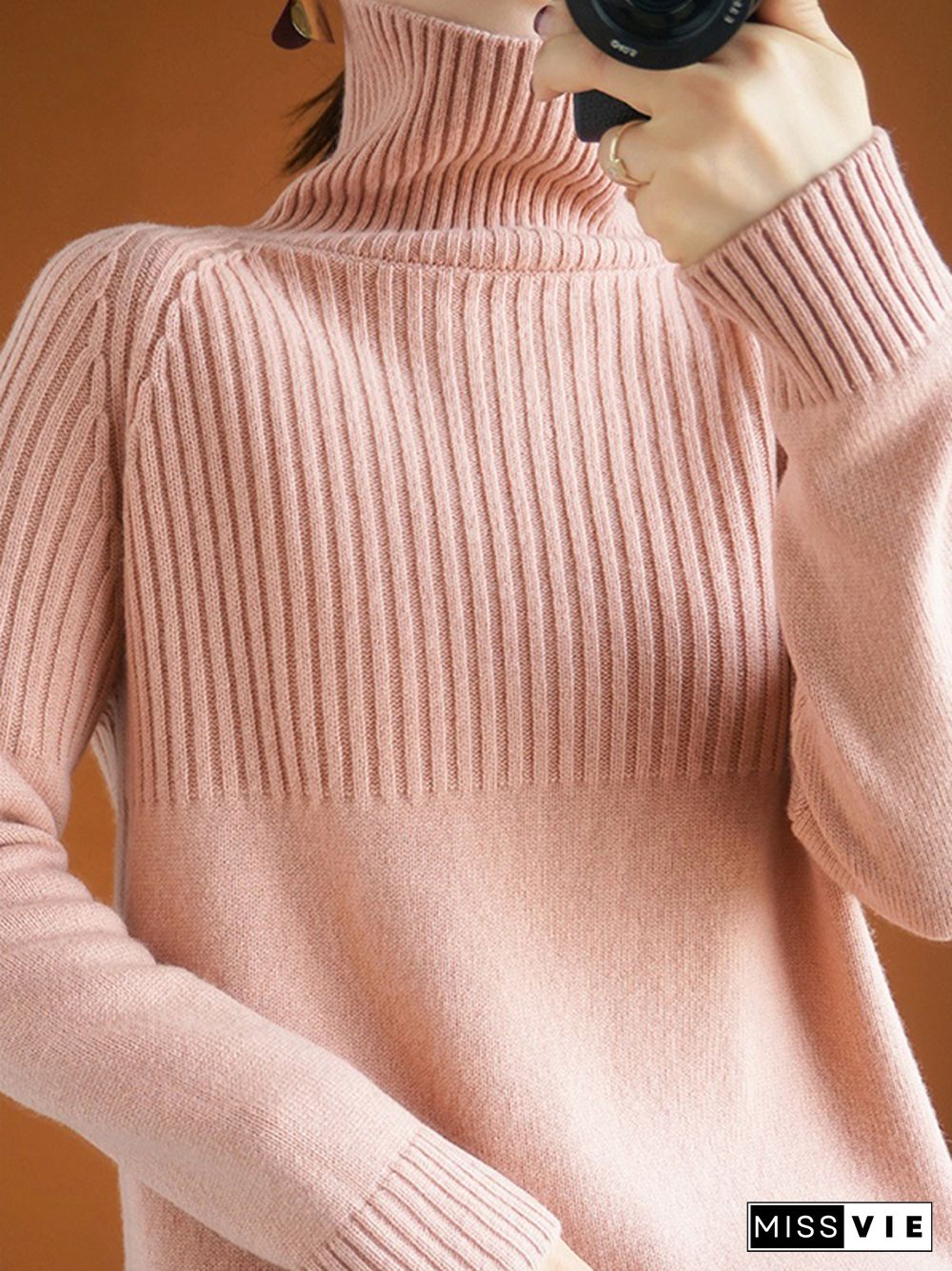 Casual Long Sleeves Loose Solid Color High-Neck Sweater Tops