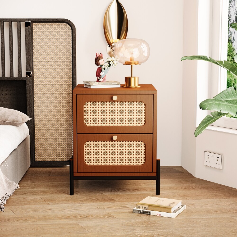 Modern Cannage Rattan Wood Closet 2 Drawer Side Table End Table Nightstand for Bedroom  Living Room  Entryway  Hallway