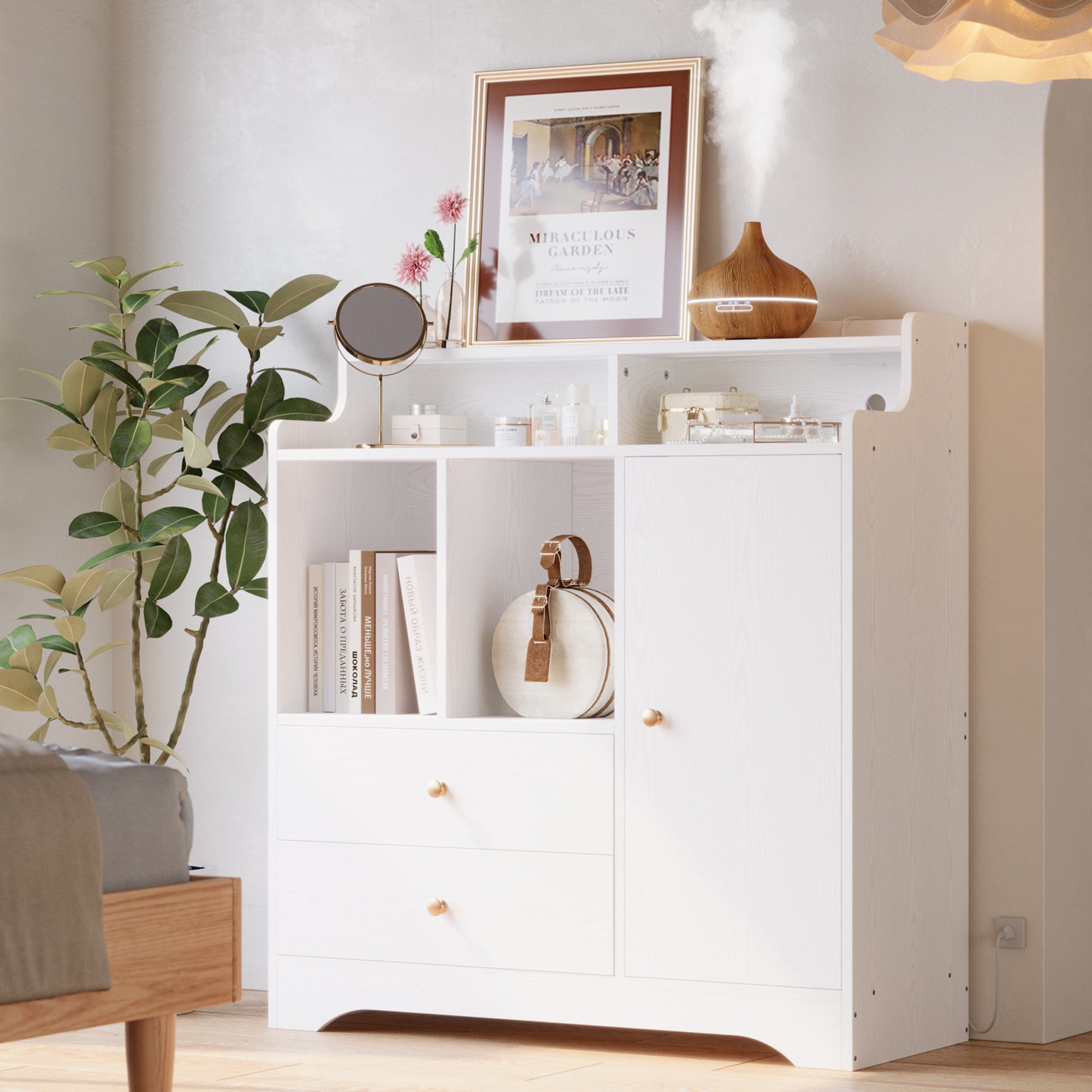 Sideboard with Drawers, Storage Cabinet with Led Lights and Power Sockets for Kitchen, Dining Room