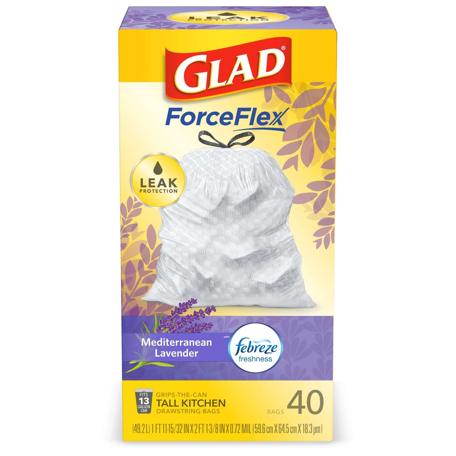 Glad 13 gal Lavender Scent Tall Kitchen Bags Drawstring 40 pk 0.78 mil