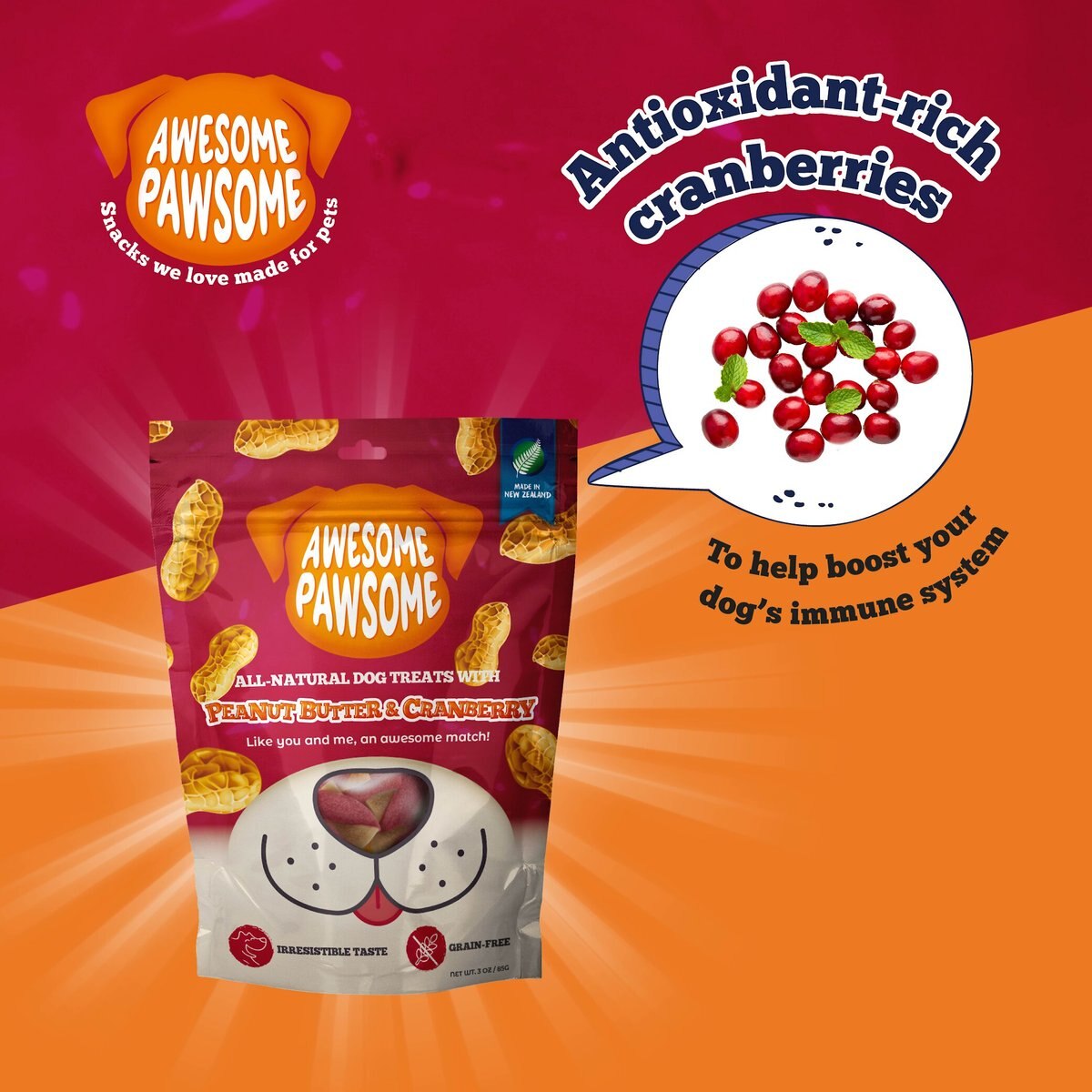 Awesome Pawsome Peanut Butter and Cranberry Dog Treats， 3-oz bag