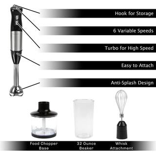 Classic Cuisine 6-Speed 4-in-1 Black Immersion Blender with Chopper and Whisk Attachment HW031118