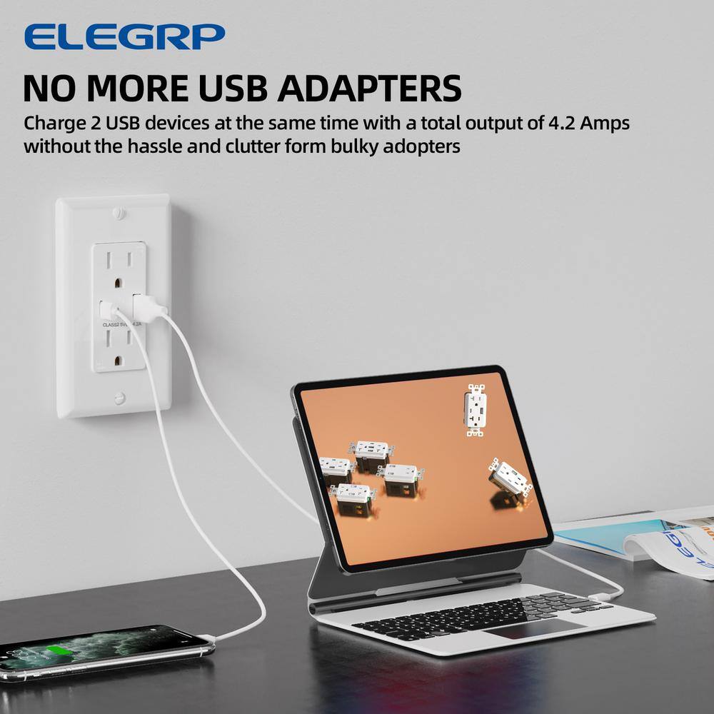 ELEGRP 4.2 Amp Type A  Type C USB Charger Wall Outlet 15 Amp Duplex Tamper Resistant Outlet with Wall Plate White（6 Pack） ER16142AC-0106S