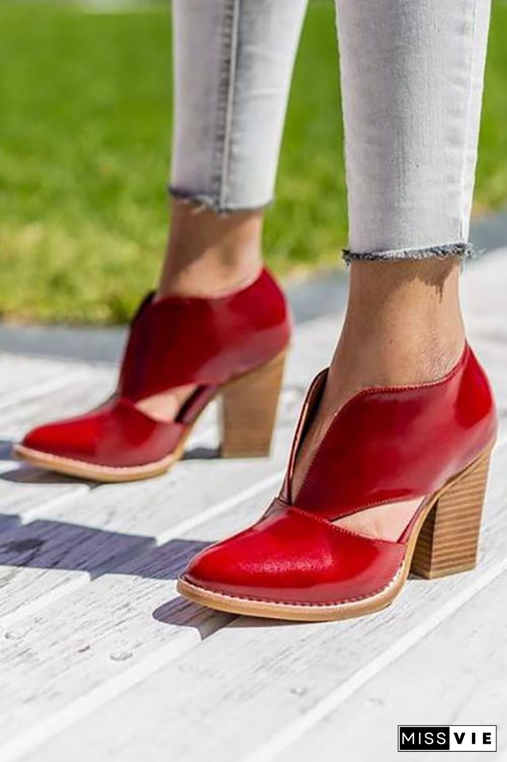 V Cutout  Chunky Heel Ankle Boots