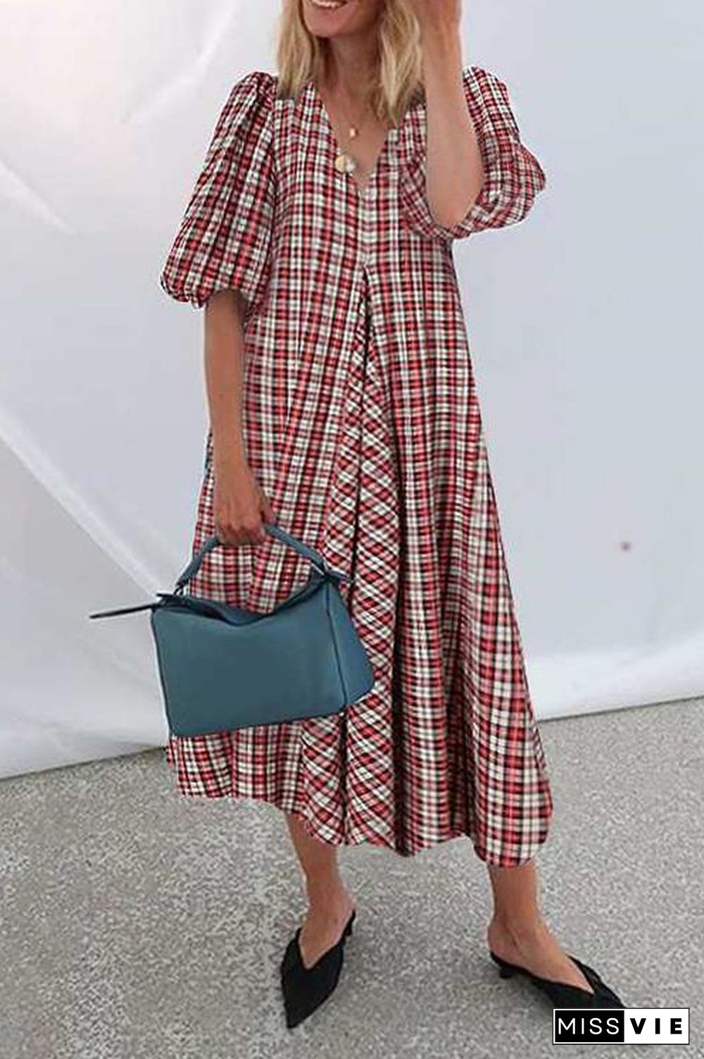 V Neck Lantern Sleeve Plaid Swing Midi Dress