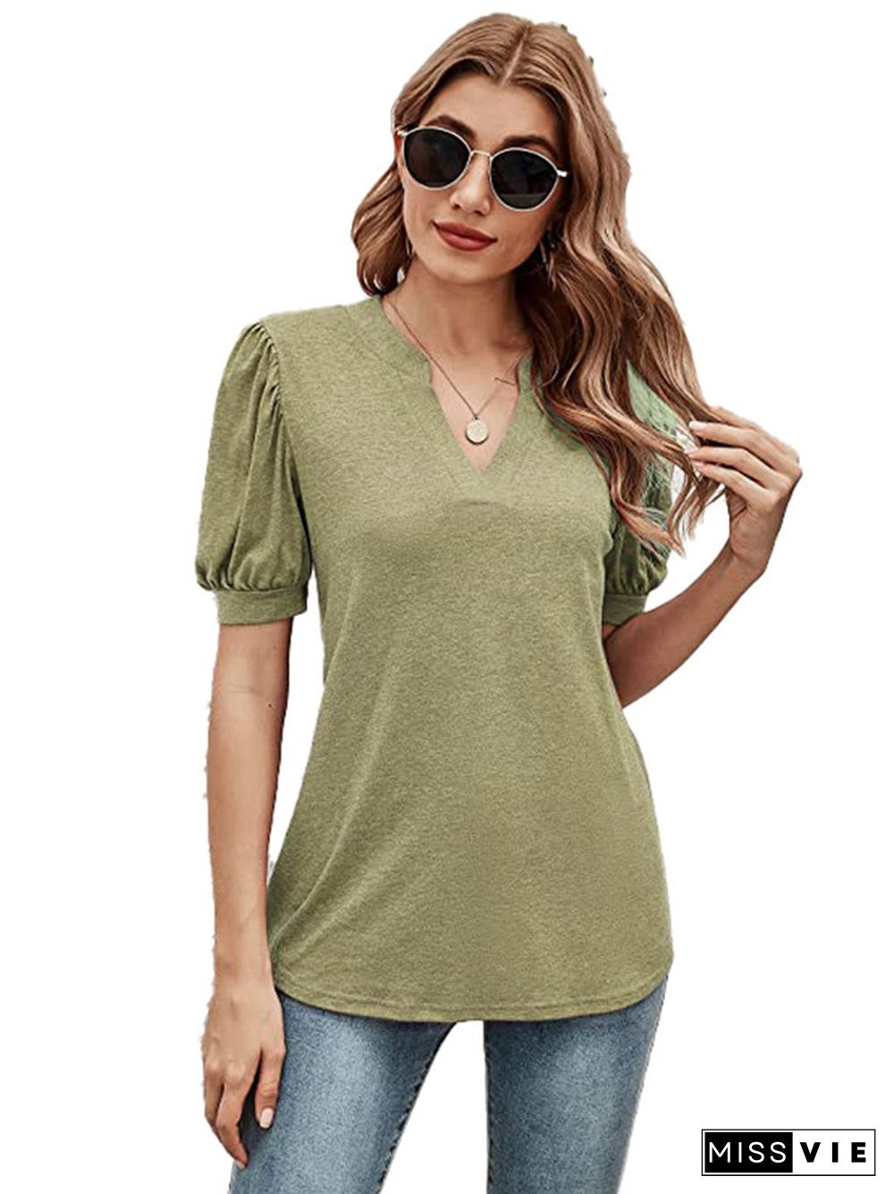 Simple Solid Color V-Neck Puff Sleeves T-Shirt Top