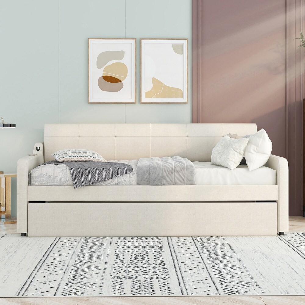 Twin Size Upholstered Daybed w/Trundle   USB Charging Design  Beige