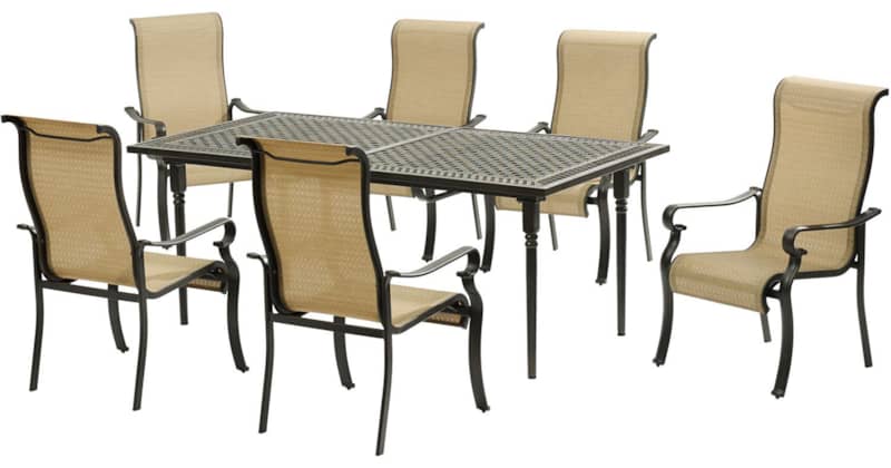 Hanover Brigantine 7-Piece Outdoor Dining Set In Cast/Tan With 6 Sling Dining Chairs， Expandable Cast Dining Table