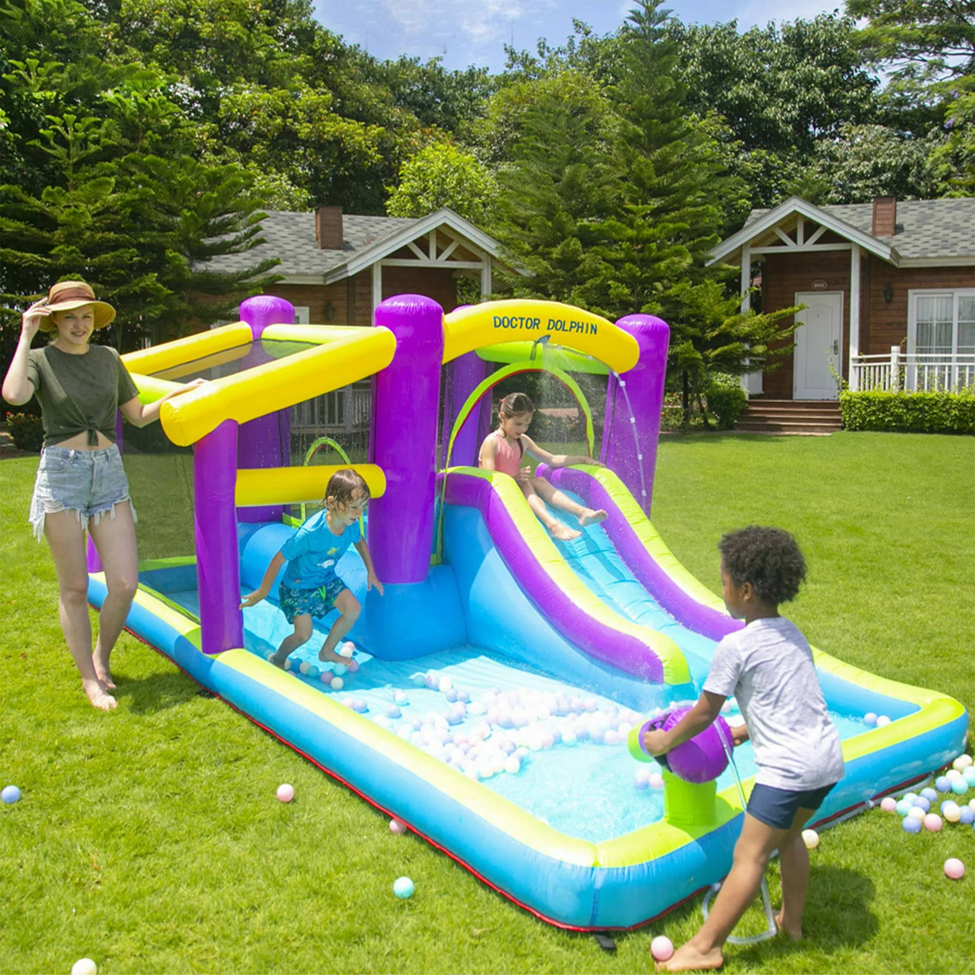 Kids Inflatable Water Slide, 5-in-1 Inflatable Water Bounce House with Pool/Slide/450W Blower/Ground Stake/Water Pipe, Indoor Slide Bounce Castle Jumping Castle for Fun