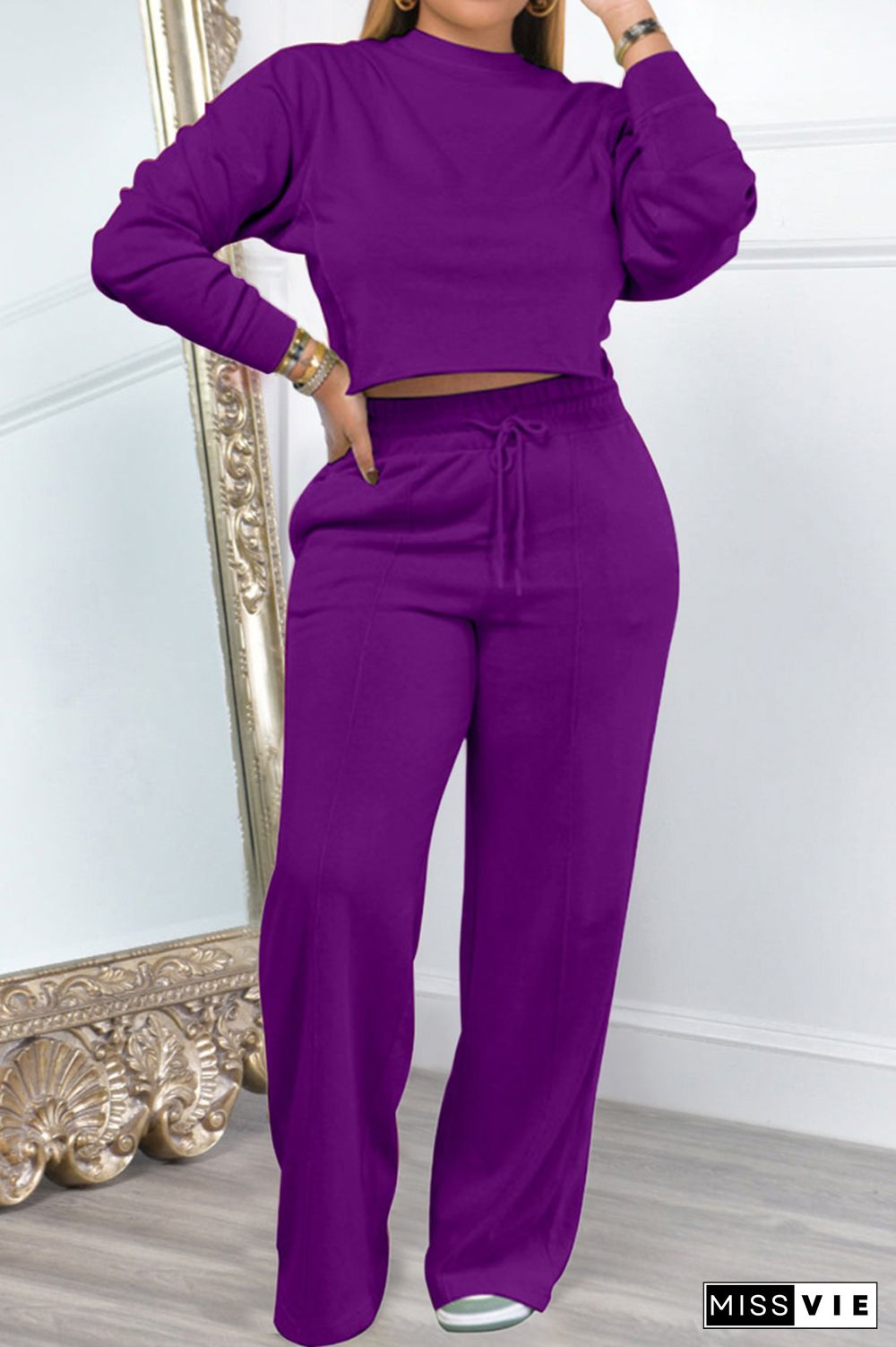 Solid Round Neck Crop Top & Drawstring Slant Pocket Pants Set