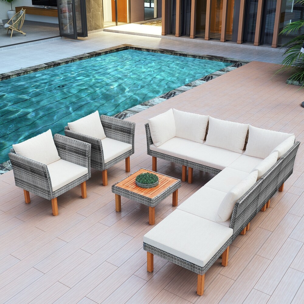 9 Piece Outdoor Patio Garden Wicker Sofa Set  Gray PE Rattan Sofa Set  with Wood Legs  Acacia Wood Tabletop  Armrest Chairs