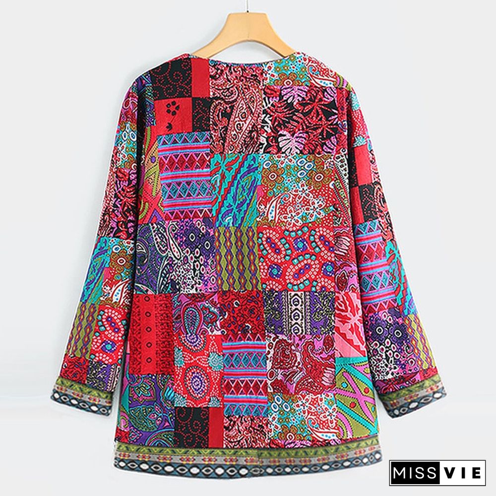 Women  Casual Loose Ethnic Open Front Cardigan Autumn Spring Fashion Floral Print Outwear JacketLong Sleeve Thin Coat Plus Size S-5XL