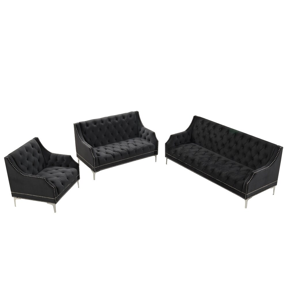 Black Frosted Velvet Sofa Set with Metal Legs (3 Seater + Loveseat + Single Sofa)