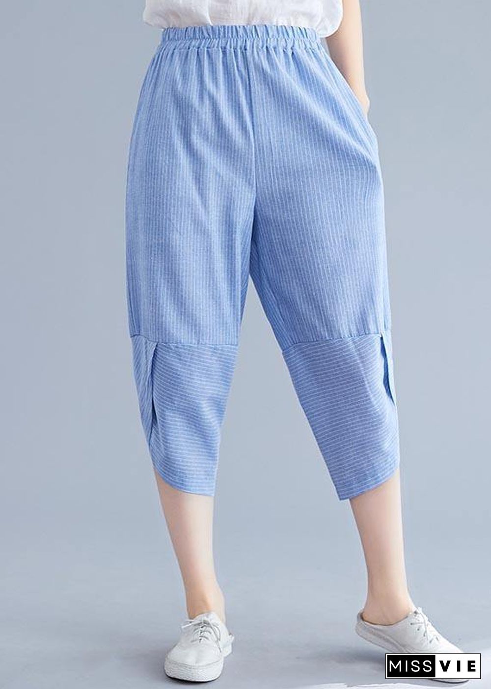 Boutique Navy Striped Patchwork Summer Cotton Linen Pants