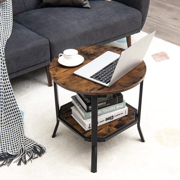 Round End Table， Set of 2 Nightstand w/Storage Shelf， Small Farmhouse Rustic Coffee Table w/Steel Frame and Wood Grain