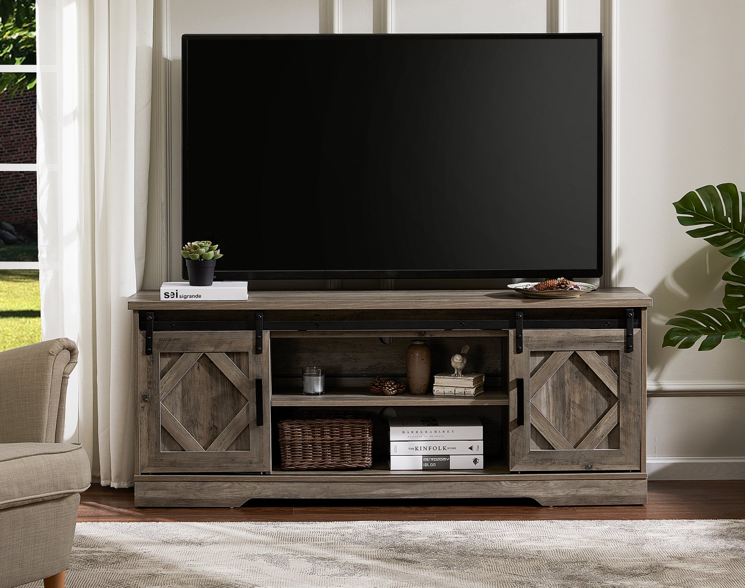 Farmhouse Tv Stand For Tv Up To 65 Barn Door Media Console Storage Cabinet In