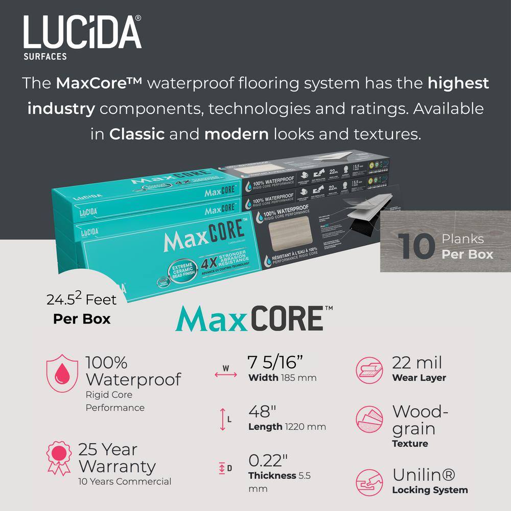 Lucida Surfaces MaxCore Piano Black 28 MIL x 7.3 in. W x 48 in. L Click Lock Waterproof Luxury Vinyl Plank Flooring (24.5 sq. ft. case) MC-513