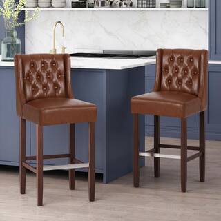 Noble House Bayliss 44.25 in. Cognac Brown High Back Wood Bar Height Foot Rest Bar Stool with Faux Leather Seat (Set of 2) 83320