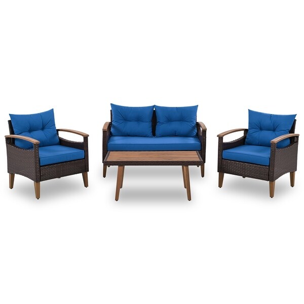 4-Piece Garden Furniture， Patio Conversation Sets， PE Rattan Outdoor Sofa Seating Set with Wood Table and Adjustable Legs Design - Overstock - 37503676