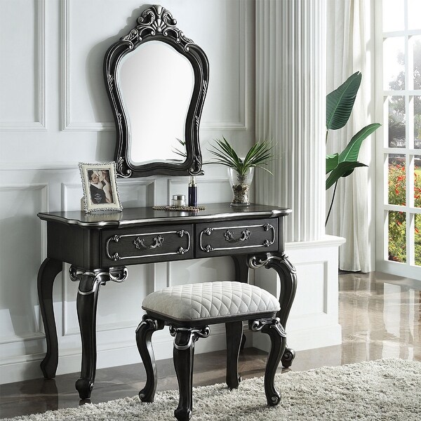 Wooden Stool with Upholstered Cushion in Charcoal