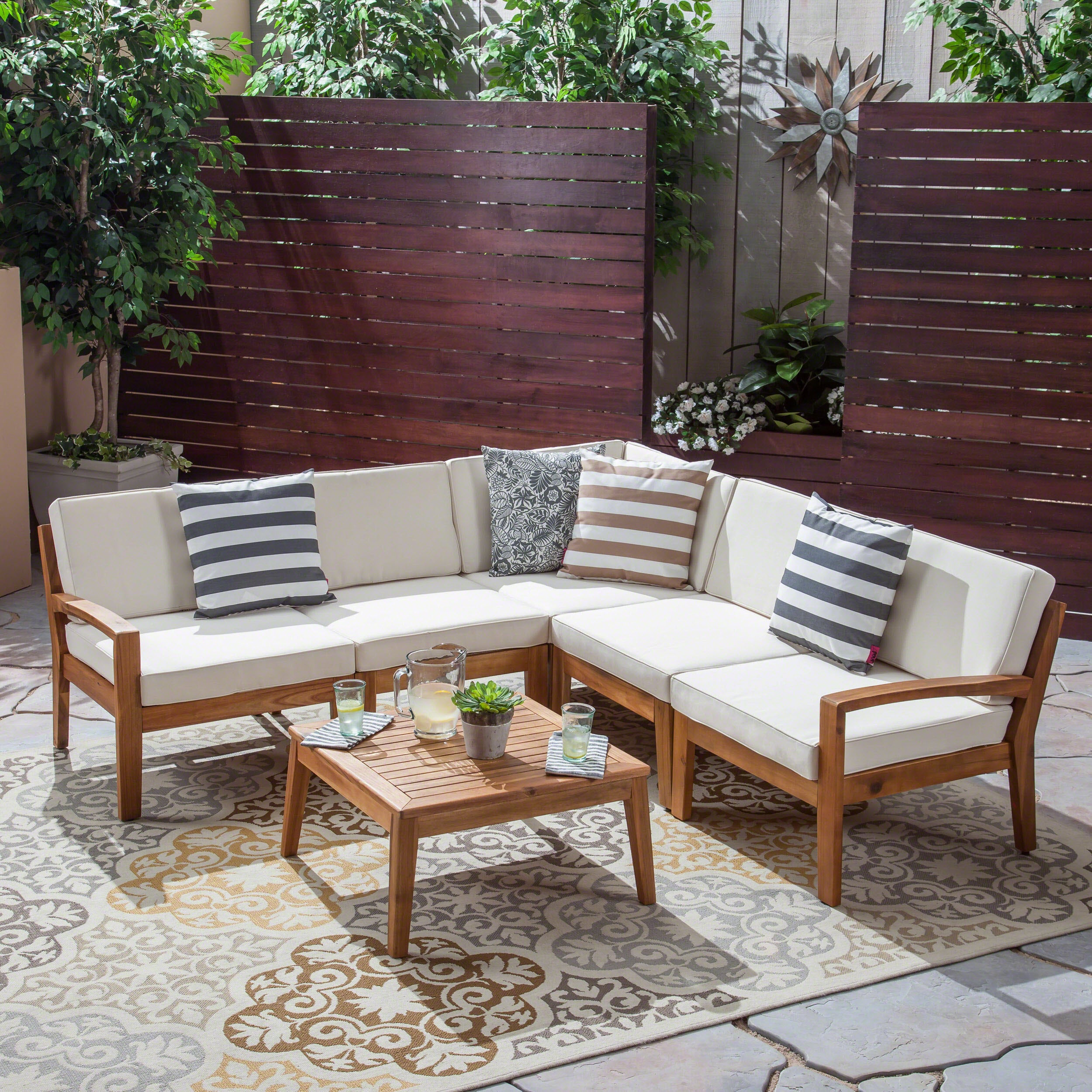 Roy Outdoor Acacia Wood 5 Seater Sectional Sofa Set with Coffee Table