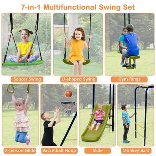 Gymax 660 lbs. Kids Metal Swing Set for Backyard 7-in-1 Multi-Functional Swing Set GYM10812