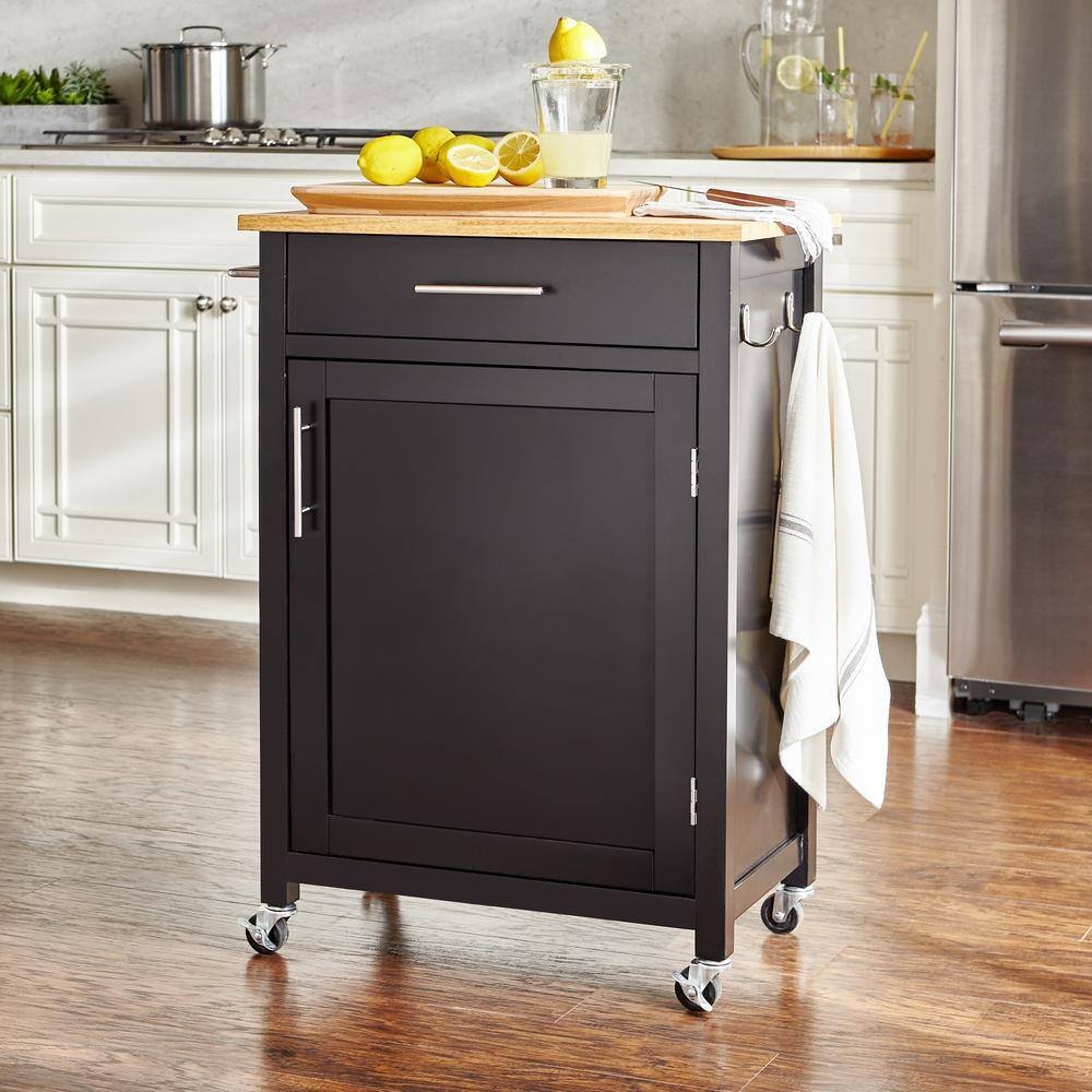 StyleWell Glenville Small Black Rolling Kitchen Cart with Butcher Block Top and Single-Drawer Storage (24 in. W ) SK17787Cr2-BBB