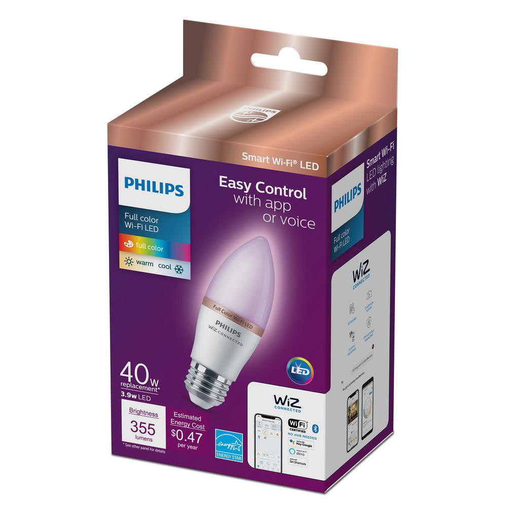 Philips 40-Watt Equivalent B12 Smart Wi-Fi LED Color Changing E26 Medium Base Light Bulb Powered by WiZ with Bluetooth (1-Pack) 573279